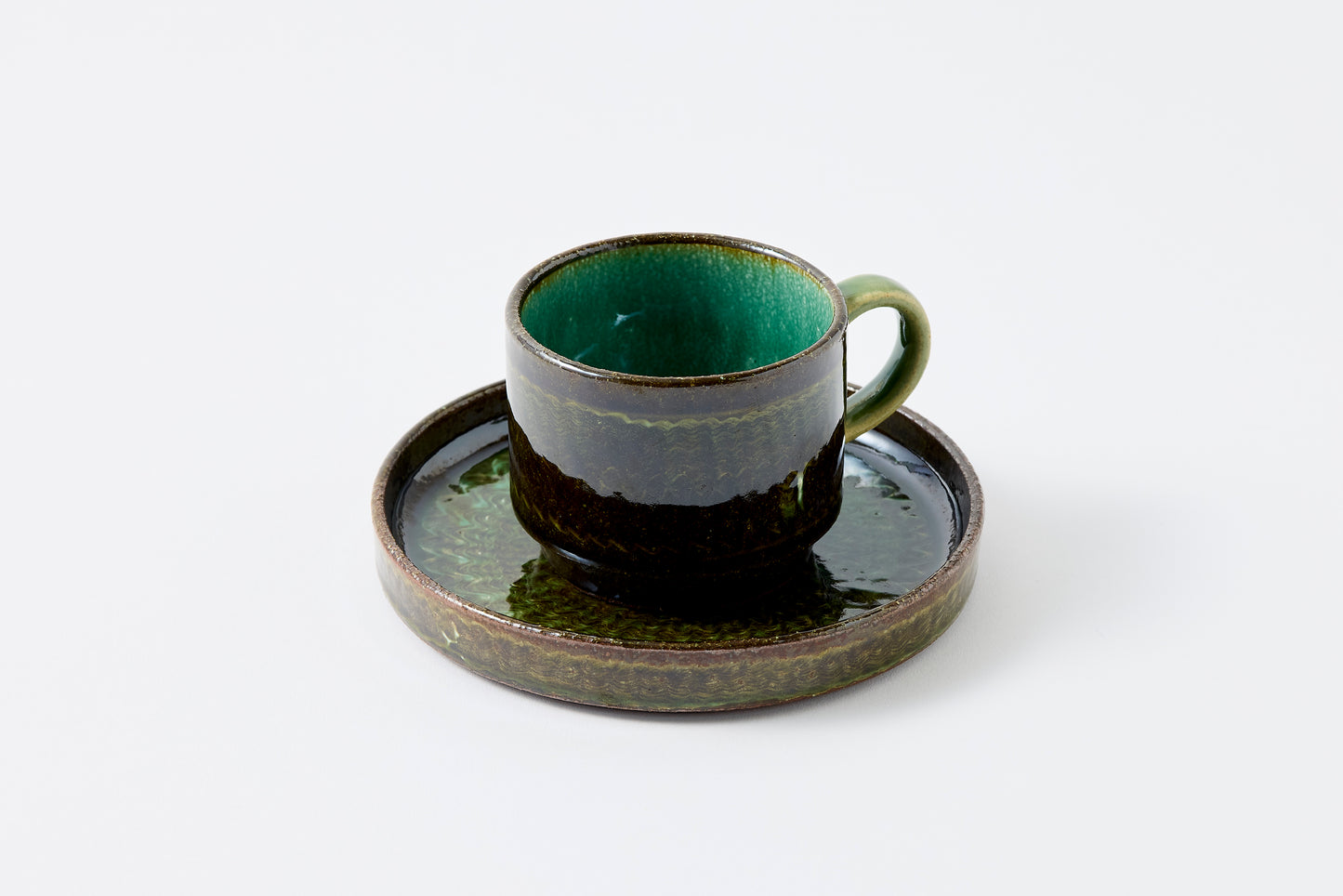 FD Green Glaze Bold Double Brush Stroke Coffee Cup & Saucer Hasami Porcelain