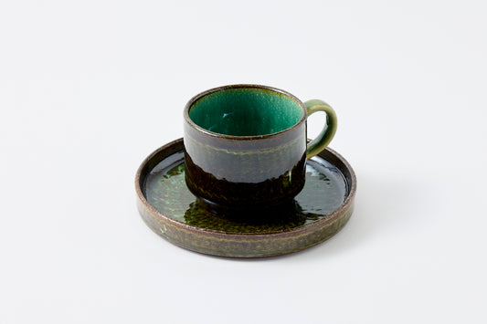 FD Green Glaze Bold Double Brush Stroke Coffee Cup & Saucer Hasami Porcelain