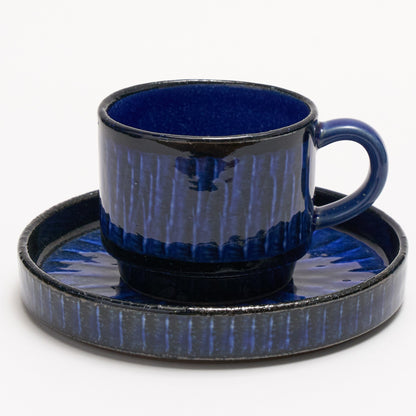 FD Blue Glaze Brush Stroke Coffee Cup & Saucer Hasami Porcelain