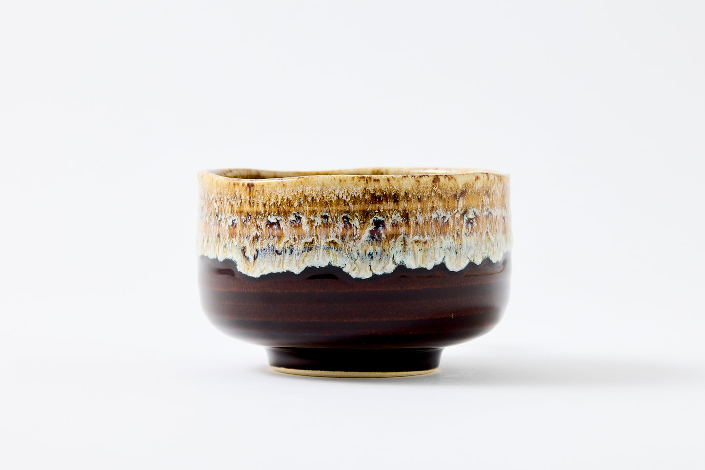FD Amber Brown & White Karatsu Drip Nodate Matcha Bowl Hasami Porcelain