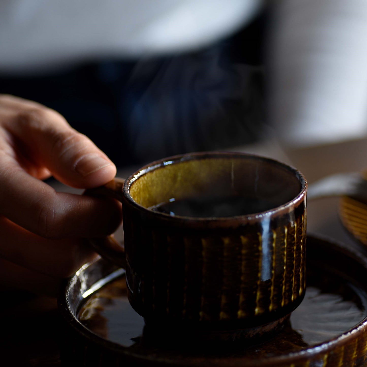FD Amber Glaze Brush Stroke Coffee Cup & Saucer Hasami Porcelain