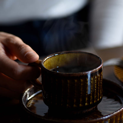 FD Amber Glaze Brush Stroke Coffee Cup & Saucer Hasami Porcelain