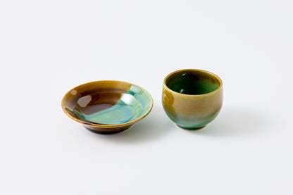 FD Amber Oribe Split Glaze Sencha Teacup & Saucer Hasami Porcelain