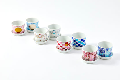 Soba Cup & Condiment Plate Set - Grid Circle Pattern