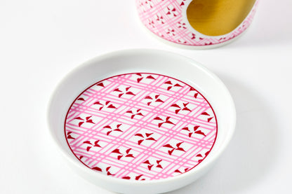 Soba Choko & Condiment Plate Set - JA Checkered Circle Pattern Wine Red