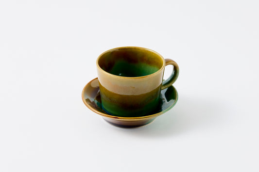 Oribe and Amber Split Glaze Cup & Saucer Hasami Porcelain