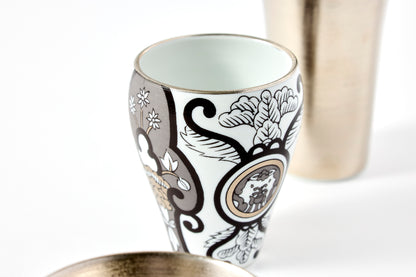 Japanese Sake Tasting Set with Cups - Platinum/JS Koimari Floral Pattern