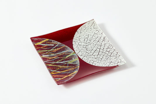 Water Surface Moon – Square Plate with Genuine Silver Crackle and Burnished Foil – Burgundy, 15cm