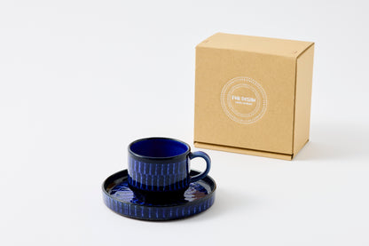 FD Blue Glaze Brush Stroke Coffee Cup & Saucer Hasami Porcelain