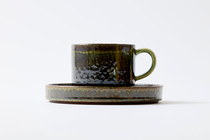 FD Green Glaze Bold Double Brush Stroke Coffee Cup & Saucer Hasami Porcelain