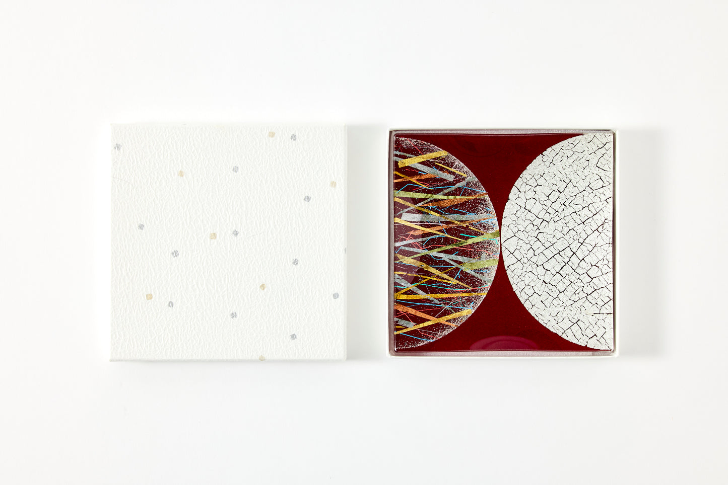 Water Surface Moon – Square Plate with Genuine Silver Crackle and Burnished Foil – Burgundy, 15cm