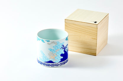 Cold Sake Cooler in Wooden Box - Seigaiha Dragon Design