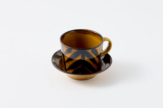 Arrow Feather Motif Amber Glaze Cup & Saucer Hasami Porcelain