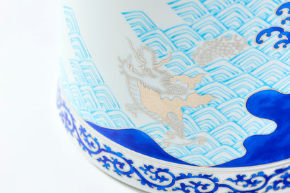 Cold Sake Cooler in Wooden Box - Seigaiha Dragon Design