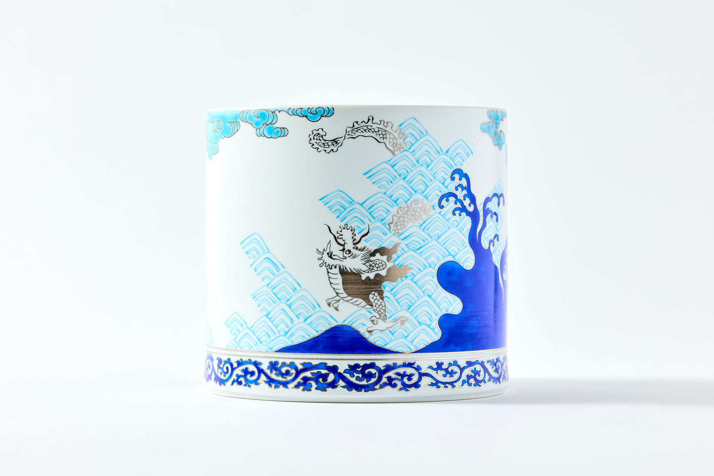 Cold Sake Cooler in Wooden Box - Seigaiha Dragon Design