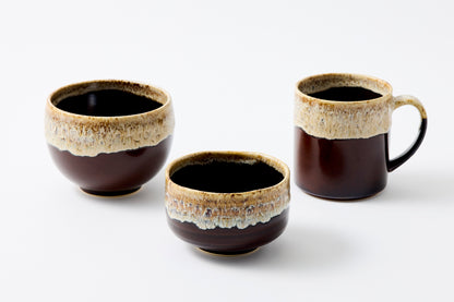 White Karatsu Flow Brown Glaze Round Bowl Hasami Porcelain