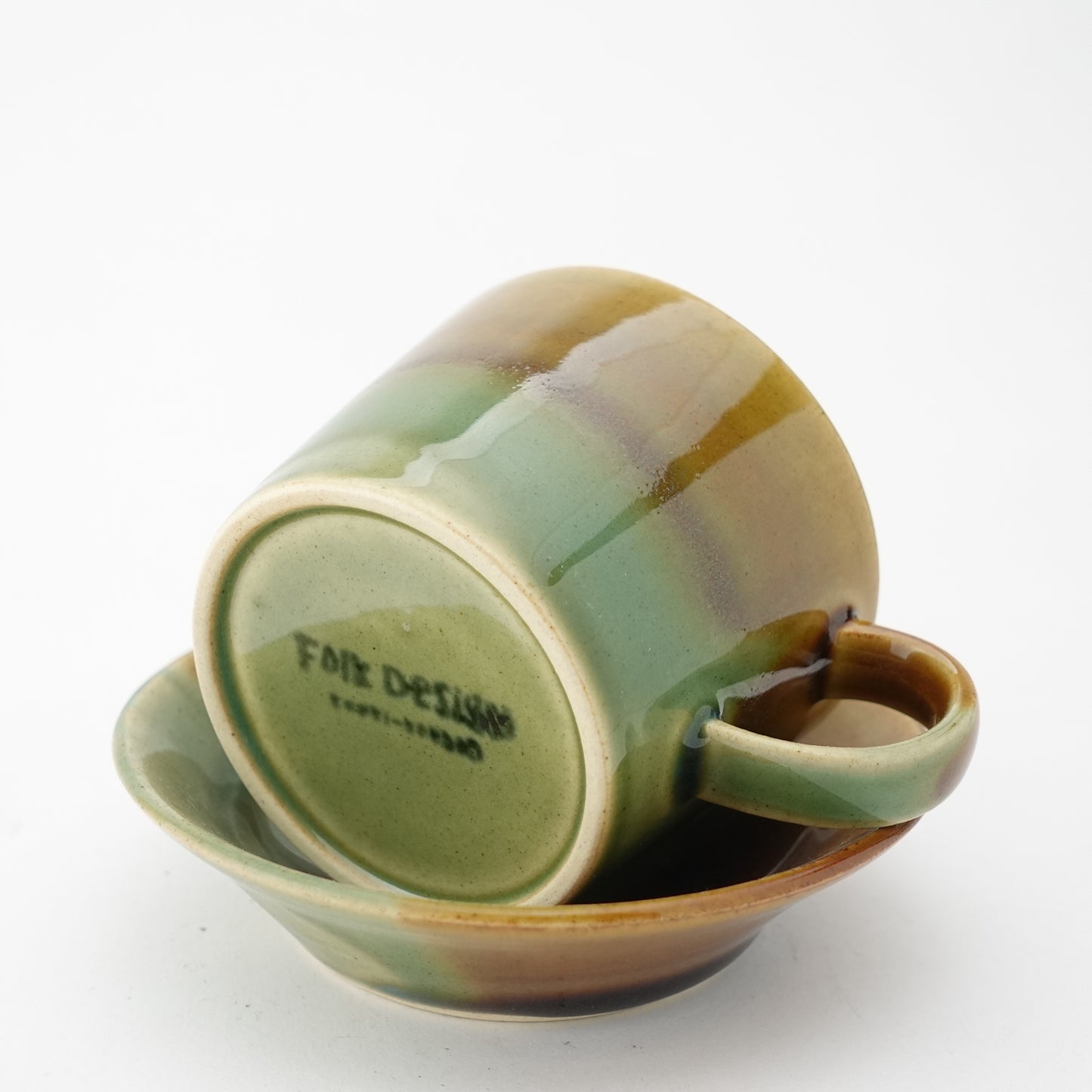 Oribe and Amber Split Glaze Cup & Saucer Hasami Porcelain