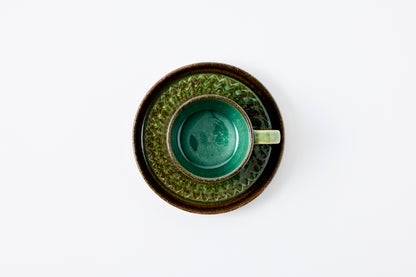 FD Green Glaze Bold Double Brush Stroke Coffee Cup & Saucer Hasami Porcelain