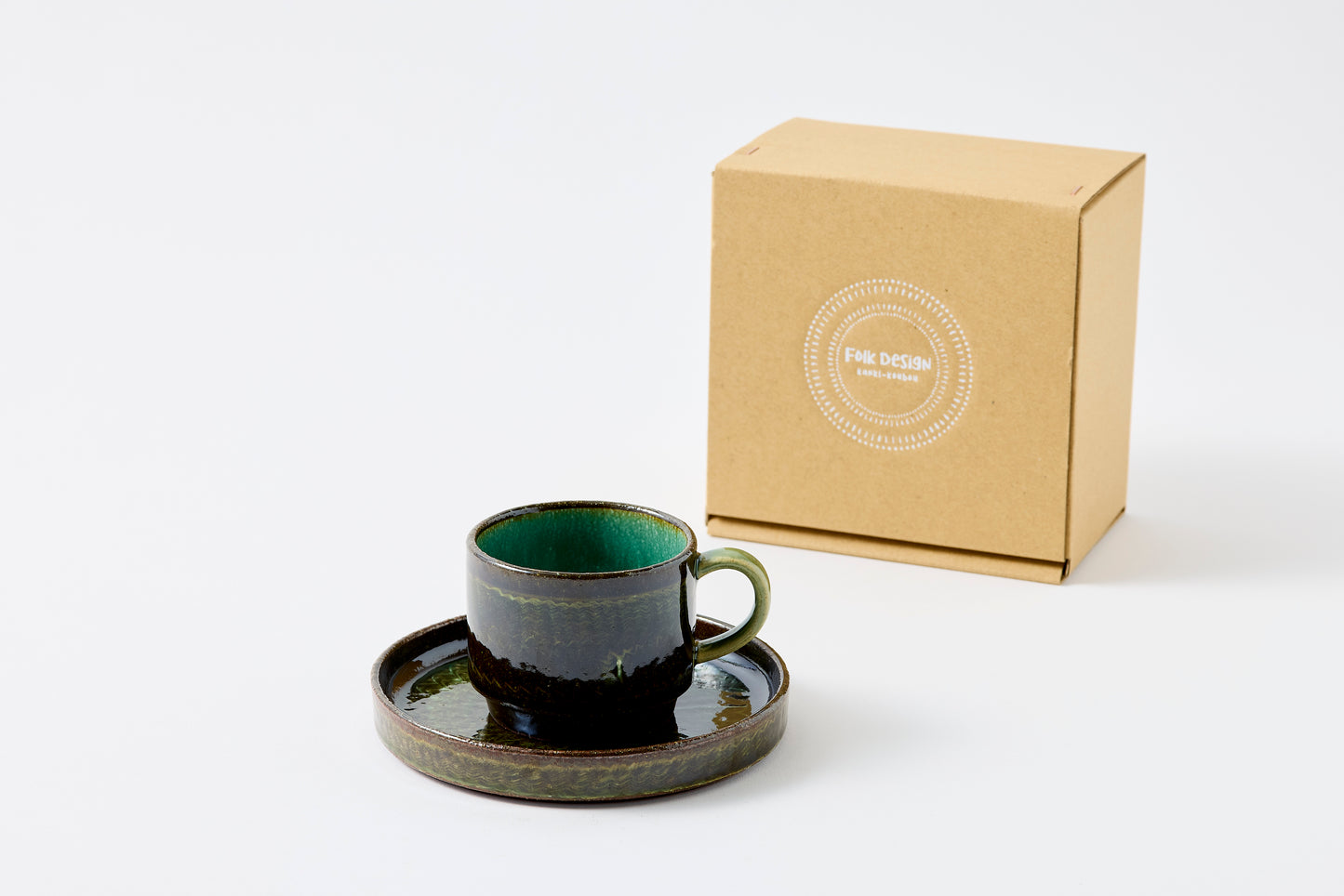 FD Green Glaze Bold Double Brush Stroke Coffee Cup & Saucer Hasami Porcelain