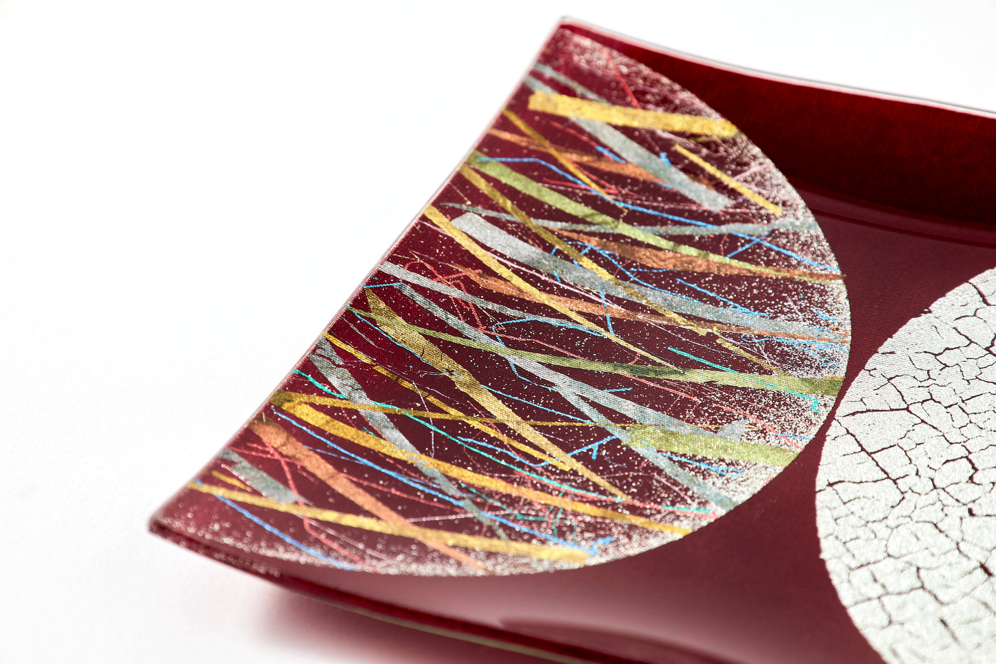 Water Surface Moon – Square Plate with Genuine Silver Crackle and Burnished Foil – Burgundy, 15cm