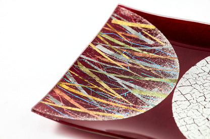 Water Surface Moon – Square Plate with Genuine Silver Crackle and Burnished Foil – Burgundy, 15cm