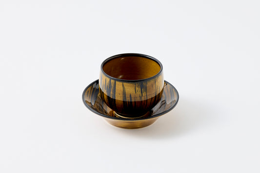 FD Striped Amber Glaze Sencha Teacup & Saucer Hasami Porcelain