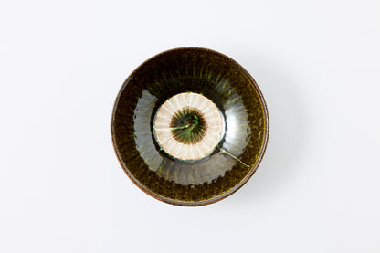 FD Green Glaze Bold Double Brush Stroke Mehagi 5.5-inch Flat Bowl Hasami Porcelain