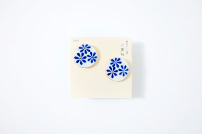 Hand-Painted Round Tile Indigo Flower Earrings