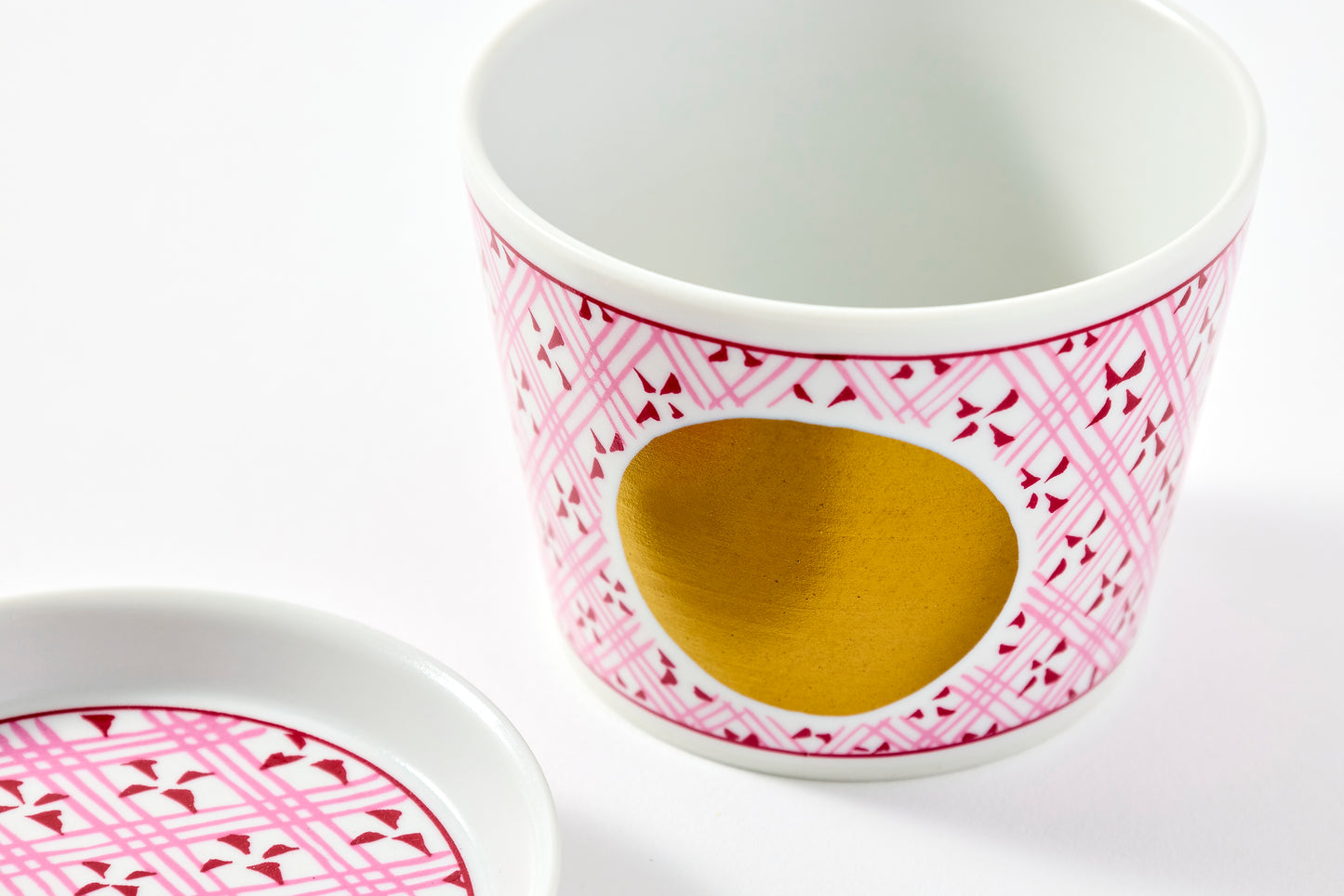 Soba Choko & Condiment Plate Set - JA Checkered Circle Pattern Wine Red