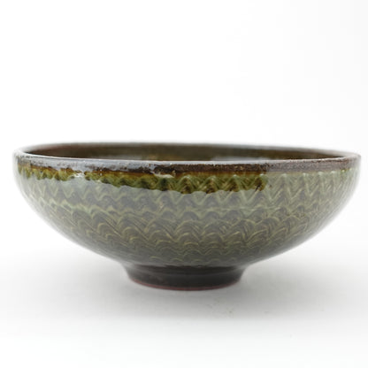 FD Green Glaze Bold Double Brush Stroke Round Flat Bowl Hasami Porcelain