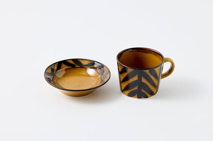 Arrow Feather Motif Amber Glaze Cup & Saucer Hasami Porcelain