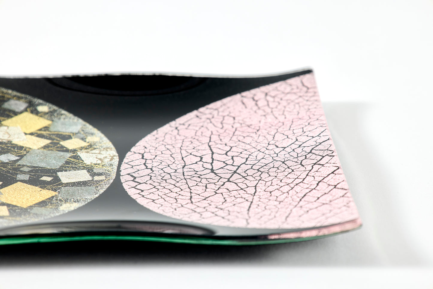 Water Surface Moon – Square Plate with Pale Pink & Pebbled Silver Foil, Burnished Gold Leaf – Black