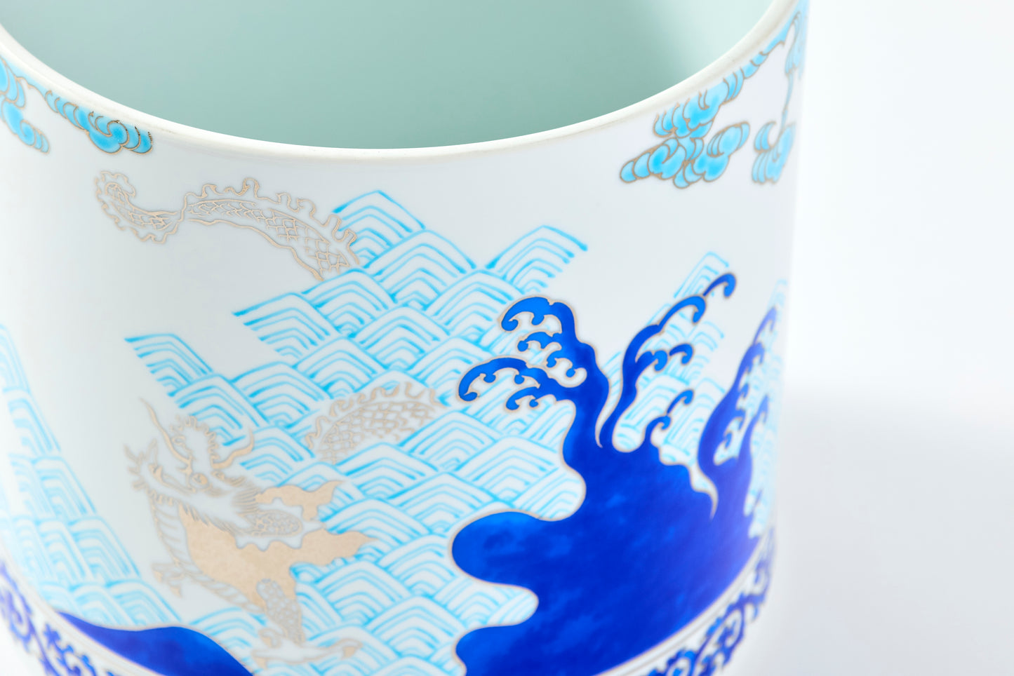 Cold Sake Cooler in Wooden Box - Seigaiha Dragon Design