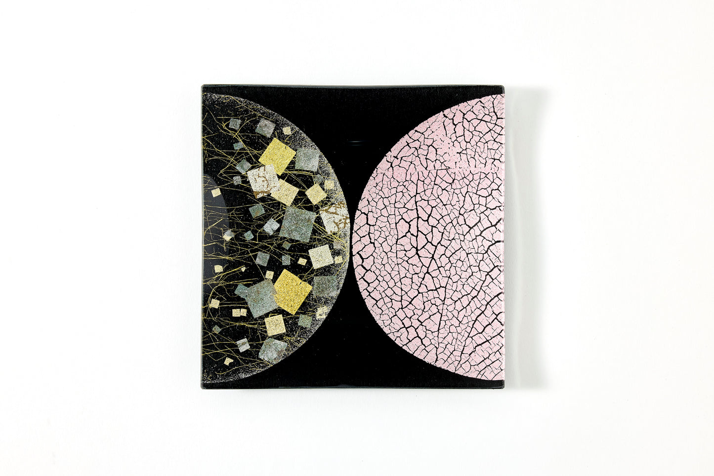 Water Surface Moon – Square Plate with Pale Pink & Pebbled Silver Foil, Burnished Gold Leaf – Black